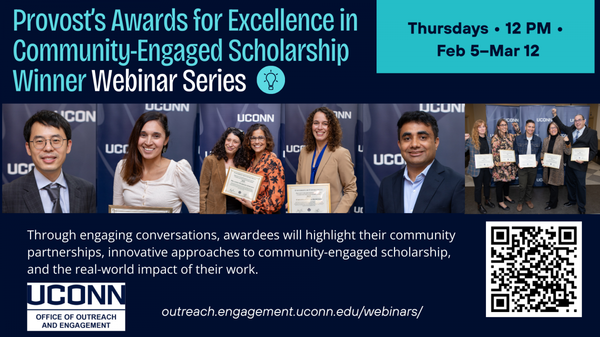 Flyer for Provost's Awards for Excellence in Community-Engaged Scholarship Winner Webinar Series for all Thursdays at 12PM from Feb 5 - March 12