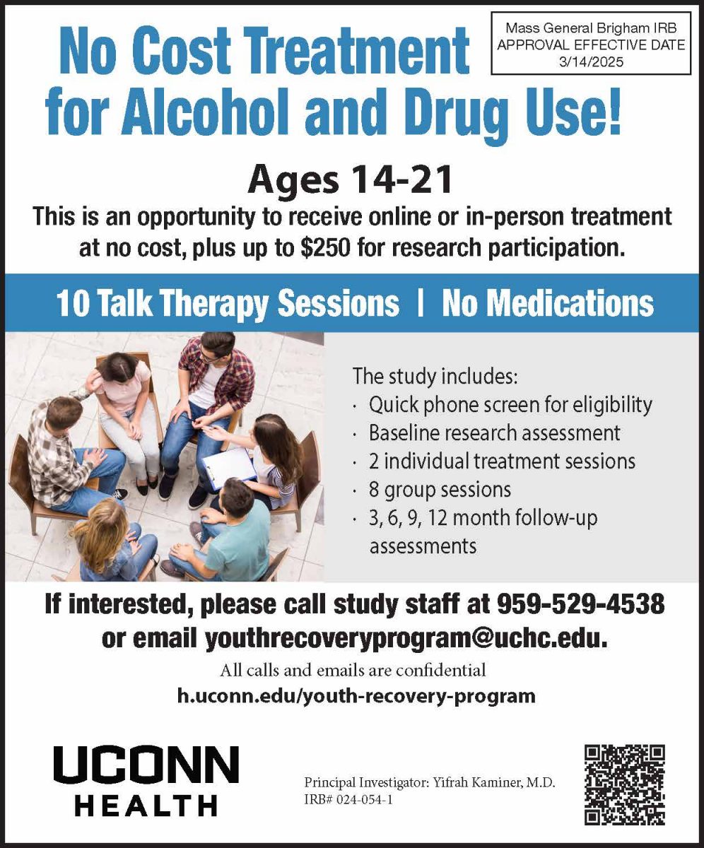  Flyer about No Cost Treatment for Alcohol and Drug Use for ages 12-21 for free at UConn Health.  Contact youthrecoveryprogram@uchc.edu