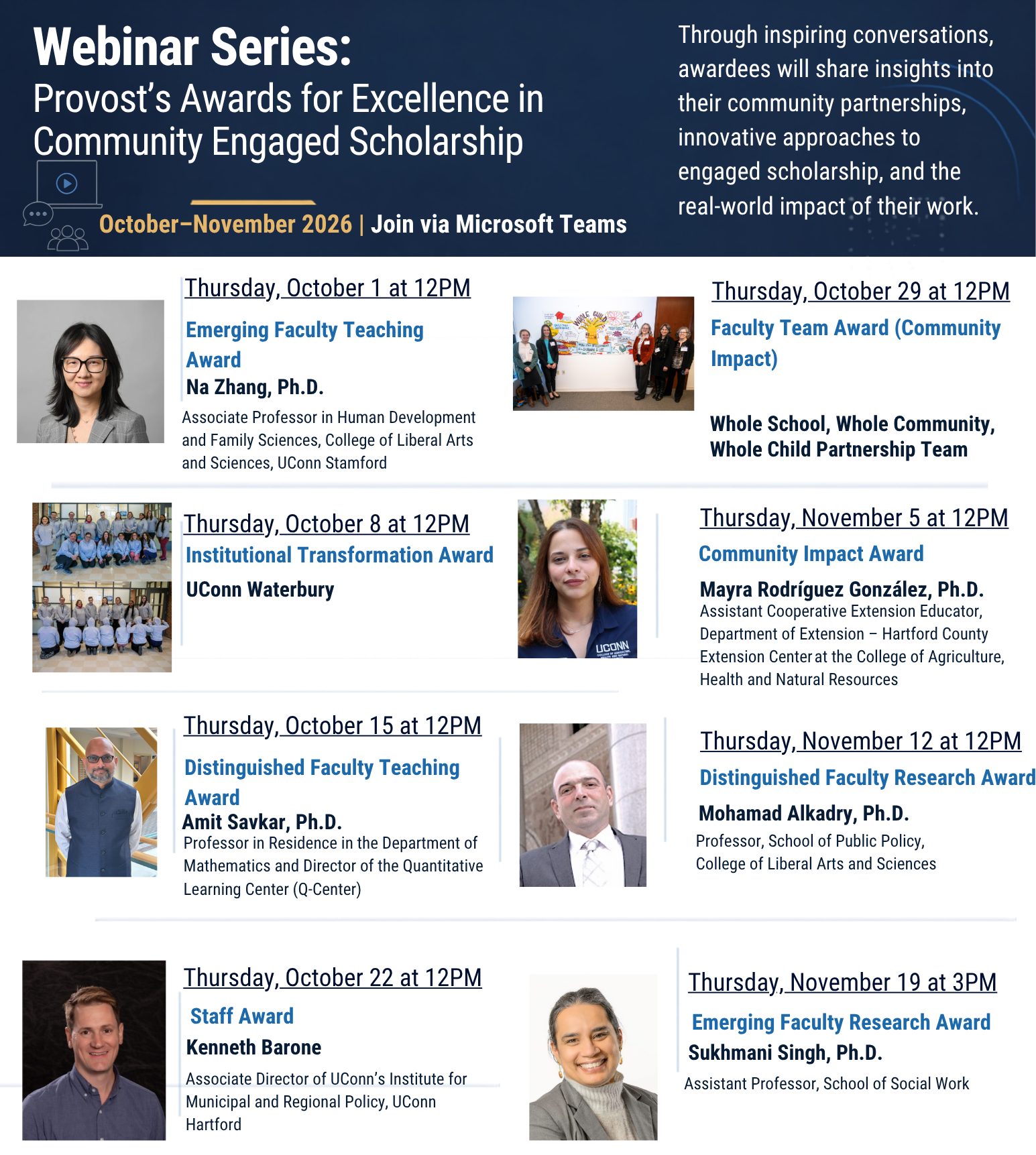 Flyer with images of each featured speaker with dates and times. 